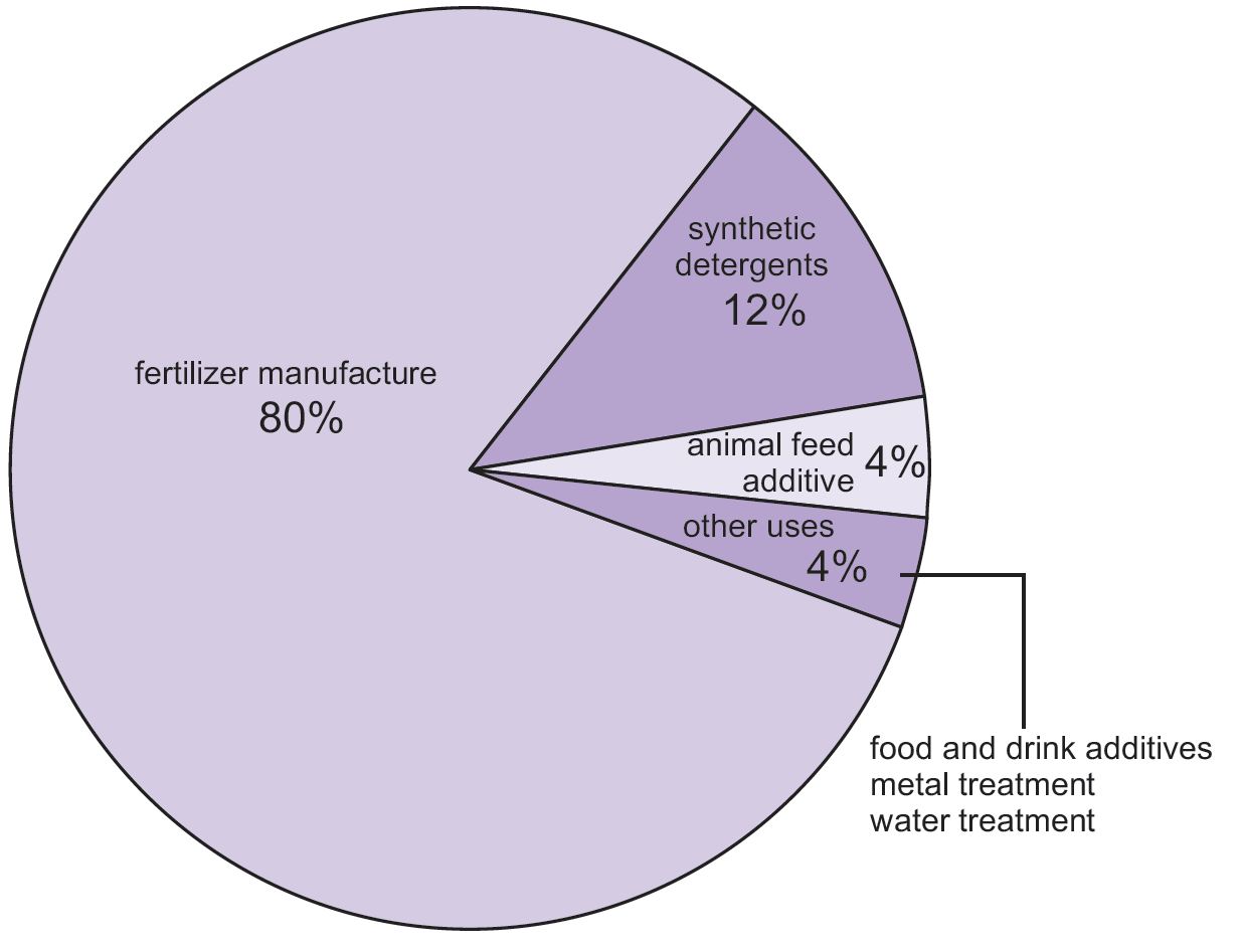 A pie chart of the uses of phosphoric acid showing that its main use is in the manufacture of fertilizers