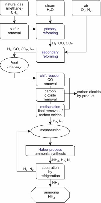 A flow diagram summarising the manufacture of ammonia from natural gas (methane), steam and air.