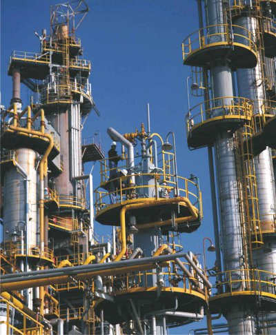 A photograph showing part of BP's refinery at Castellon near Valencia, in Spain.  The photograph shows the catalytic reforming unit in which benzene and other aromatic hydrocarbons are produced from naphtha.
