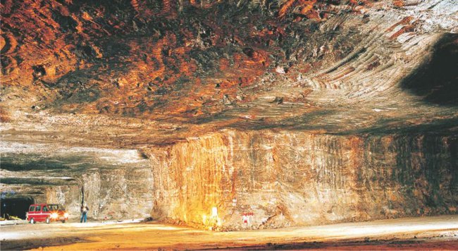 A photograph of a salt mine in Cheshire, England.  Salt is also pumped to the surface as brine in some mines