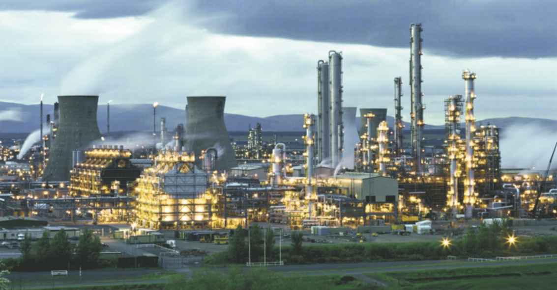 A panoramic photograph of the site at Grangemouth in Scotland at night where ethene is produced by steam cracking of naphtha.