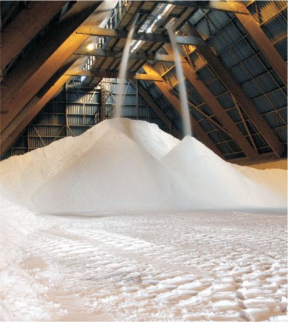 A photograph showing salt being transferred to a large silo for storage, prior to being converted to chlorine and sodium hydroxide